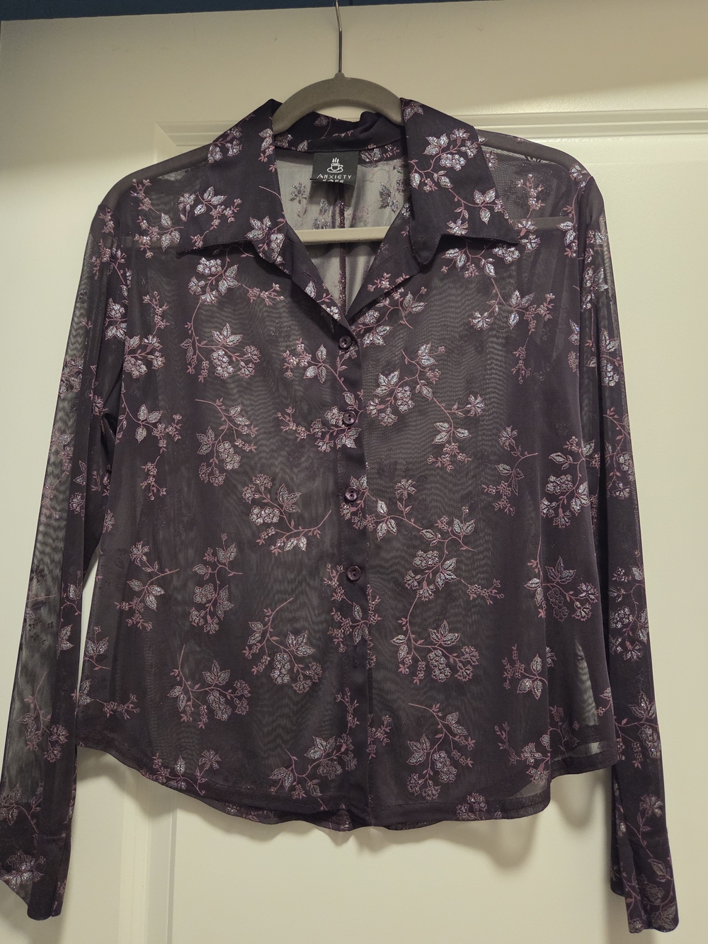 Anxiety Cafe Sheer Floral Button-Up Blouse Purple Sparkle